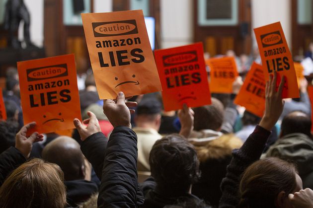 Protesters at Wednesday's City Council hearing on Amazon's planned new Long Island City campus